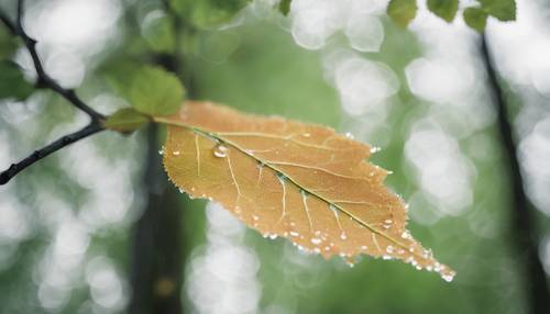 白桦树上沾满露珠的叶子的特写，背景为模糊的绿色。