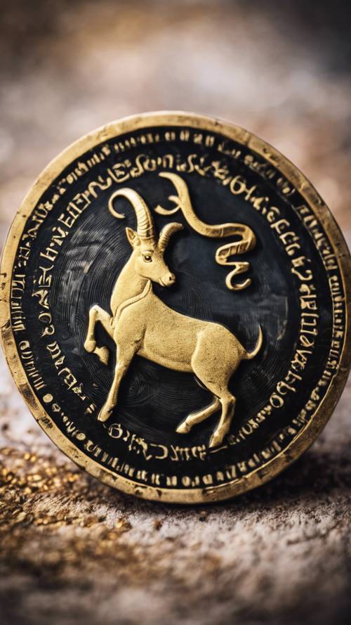 An antique coin with the engraved symbol of a Capricorn.