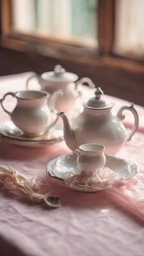 Um jogo de chá branco vintage, disposto sobre uma toalha de mesa fofa rosa pastel em uma charmosa cozinha do velho mundo.