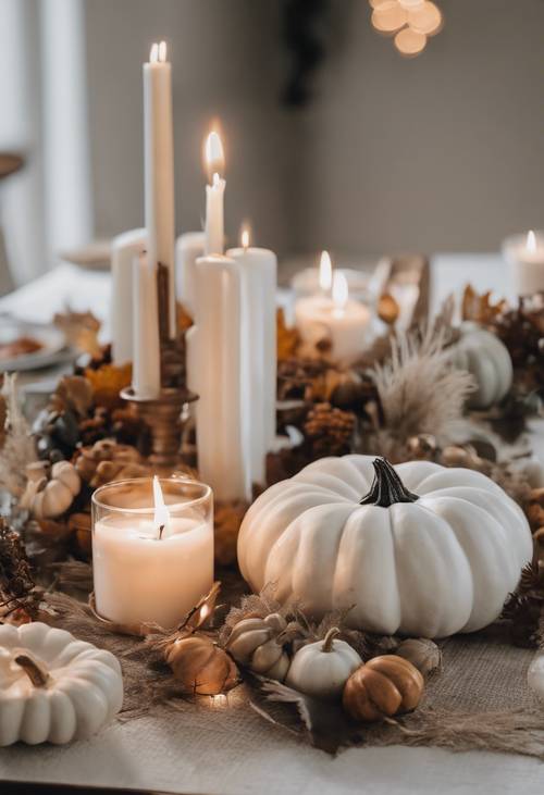 A minimalist Thanksgiving setting that radiates warmth through the use of soft candle lights, neutral tones, and white pumpkins. Tapet [86c63c9458e44f49b70f]