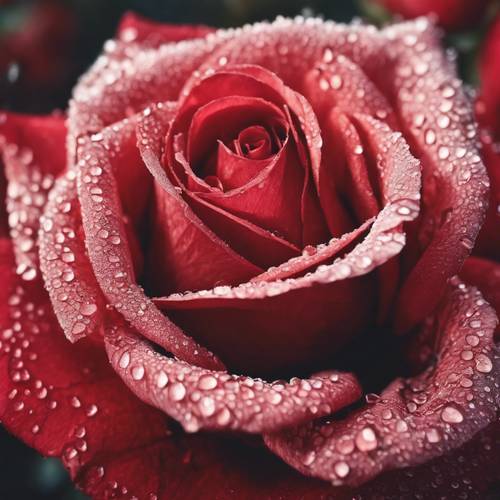Cận cảnh một bông hồng đỏ tươi với sương sớm ở tiền cảnh, với những cánh hoa có hoa văn phức tạp.