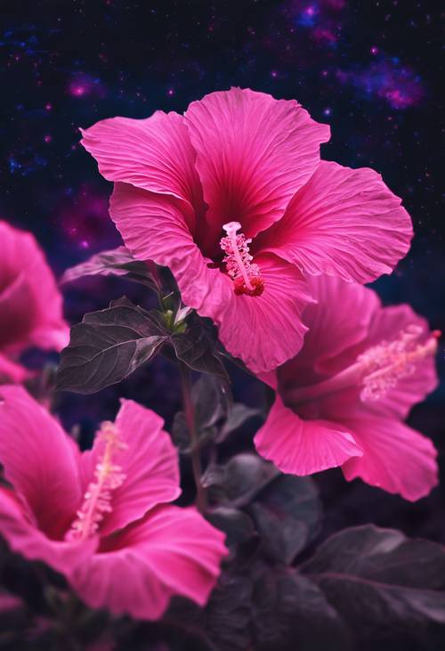 A digital art piece of a neon pink hibiscus glowing amidst a dark and dreamy night sky