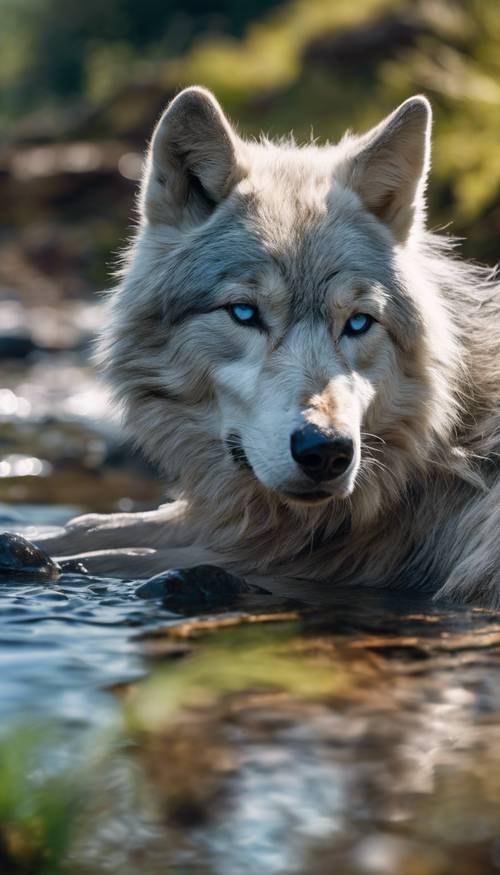 Un loup argenté couché paisiblement au bord d’un ruisseau bleu clair, ses yeux reflétant la sérénité de la nature environnante.
