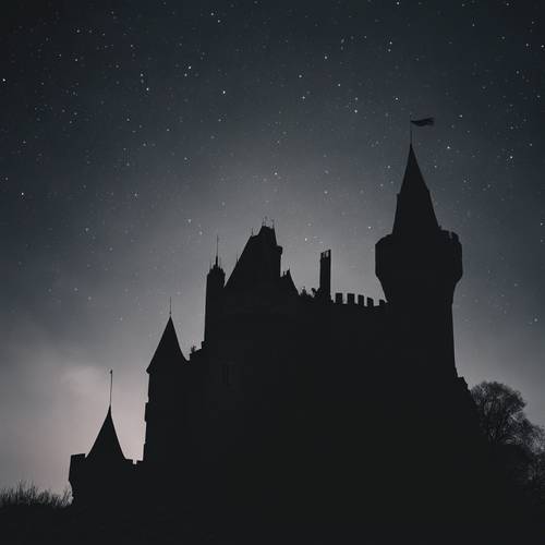 더러워진 검은 하늘을 배경으로 한 성의 어두운 실루엣.