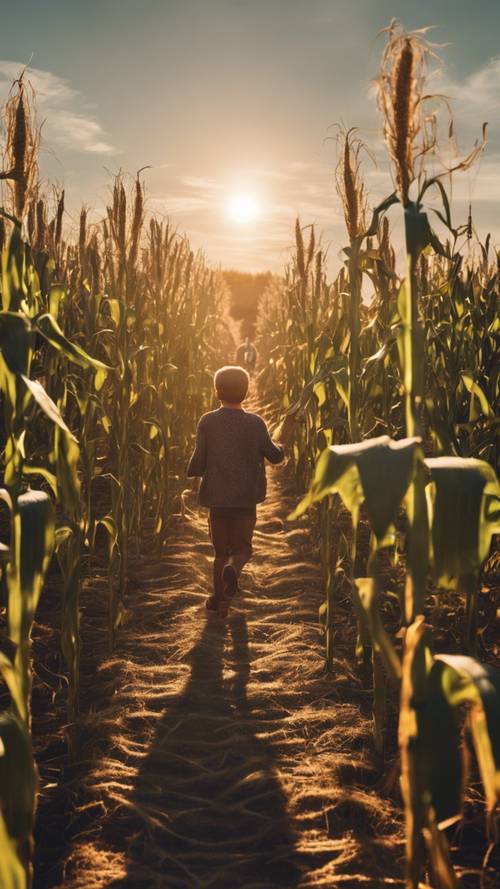 Eine kleine Familie verirrt sich in einem Maislabyrinth. Die untergehende Sonne wirft lange Schatten durch die hohen Halme.
