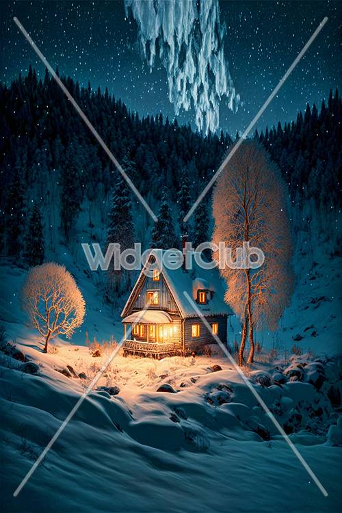 Acogedora cabaña de invierno en el bosque nevado por la noche