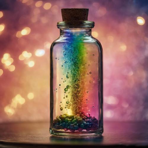 Un arcobaleno bohémien che emerge da una bottiglia di pozione magica.