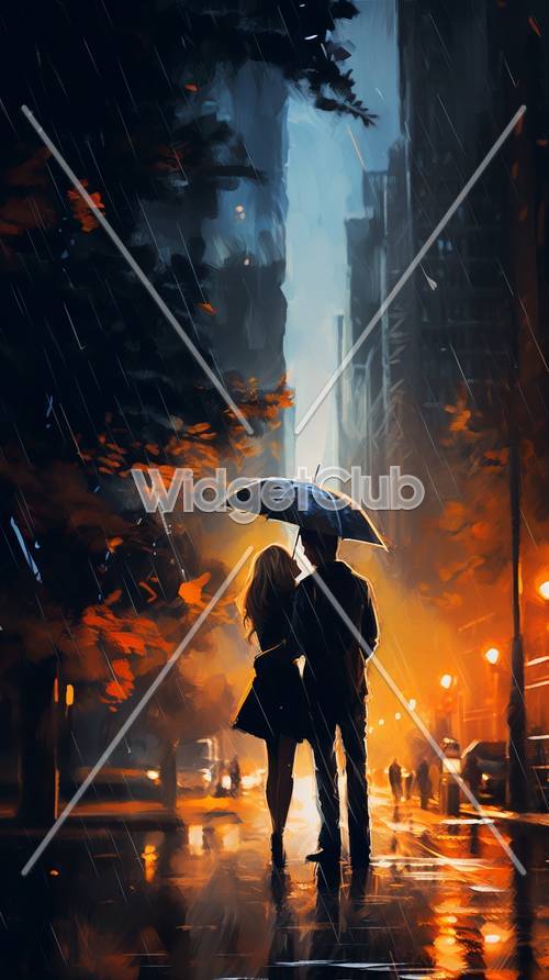 Noite chuvosa na cidade com casal sob guarda-chuva