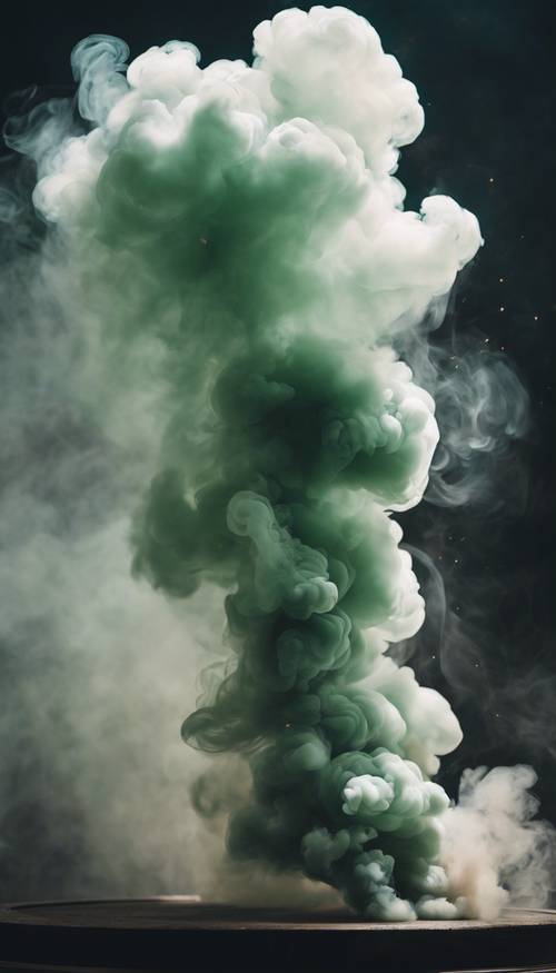 Humo verde salvia ondeando en un espacio oscuro, capturando un momento abstracto.