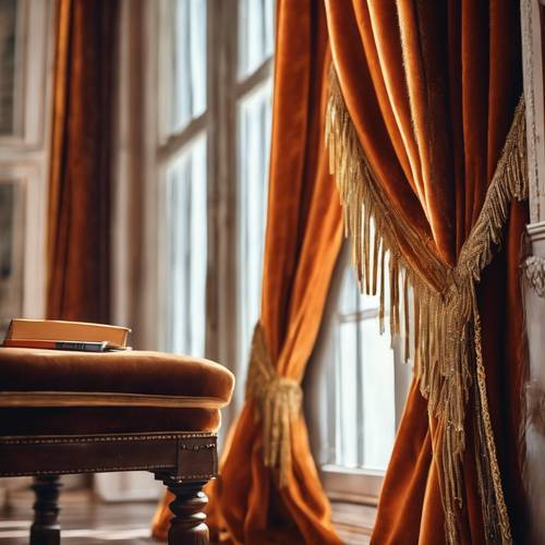 Thick orange velvet curtains with gold fringe in a luxurious old-fashioned study. Ფონი [dc3c1dd9f7384ed49498]