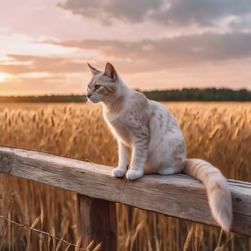 一隻粉紅色的山貓悠閒地坐在質樸的木柵欄上，看著廣闊的金色麥田上的日落。