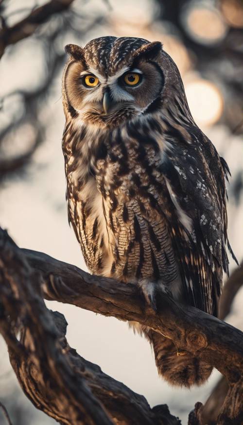 Retrato de un búho antiguo y de aspecto sabio posado en una rama nudosa de un árbol, bajo una luna menguante.