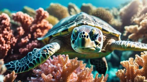 Juvenile loggerhead sea turtle hovering over bright-colored coral reef.