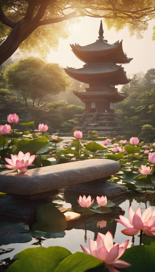 Un jardin zen tranquille au lever du soleil, avec une petite pagode et un chemin de pierre entouré de fleurs de lotus en fleurs.