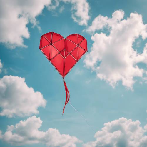 A red, heart-shaped kite flying high against a pastel blue spring sky filled with fluffy white clouds.