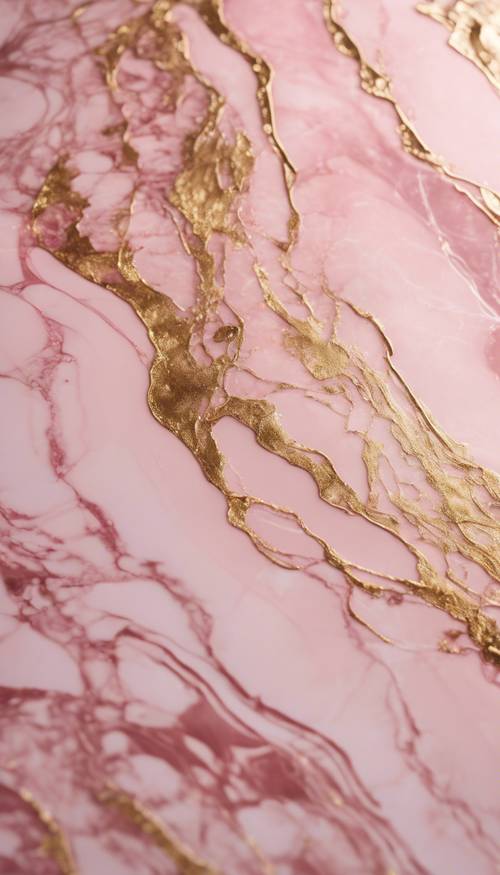 Układ błyszczących złotych żyłek przecinających polerowaną różową marmurową płytę.