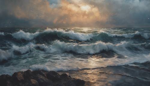 Una pintura impresionista de un mar tempestuoso al atardecer. Fondo de pantalla [bd74328339974221b5fd]