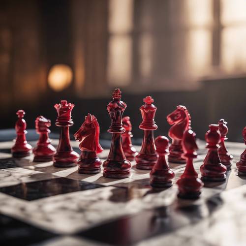 Pezzi degli scacchi in marmo rosso e nero nell&#39;ambientazione di metà gioco