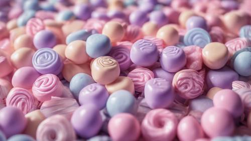 Những viên kẹo có tông màu pastel được sắp xếp theo phong cách dễ thương, với những viên kẹo màu tím nhạt nổi bật sẽ thu hút sự chú ý.