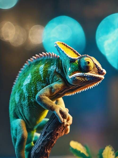 A green chameleon basking under cool blue light.