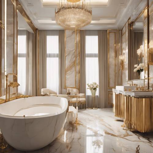 Bej mermer duvarlara ve altın rengi armatürlere sahip geniş, lüks bir banyo.
