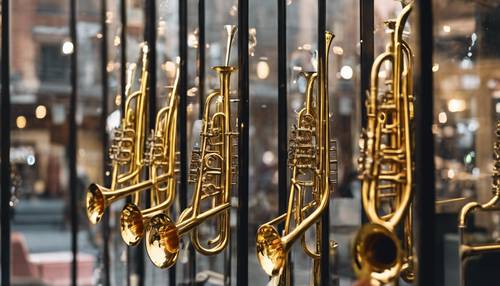 В витрине музыкального магазина выставлен ряд блестящих новых труб.