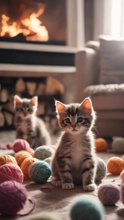Um exército de gatinhos kawaii fofos brincando com novelos de lã em uma sala aconchegante com uma lareira acesa.