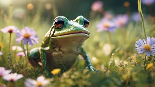 Urocza żaba skacząca radośnie po łące, otoczona dzikimi kwiatami.