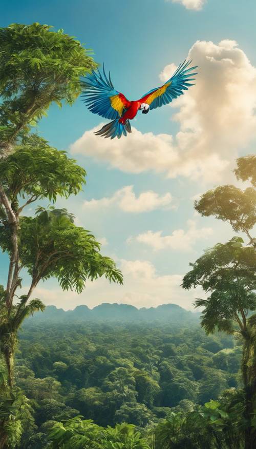 A panoramic view of the Amazon Rainforest with macaws flying in a clear blue sky.