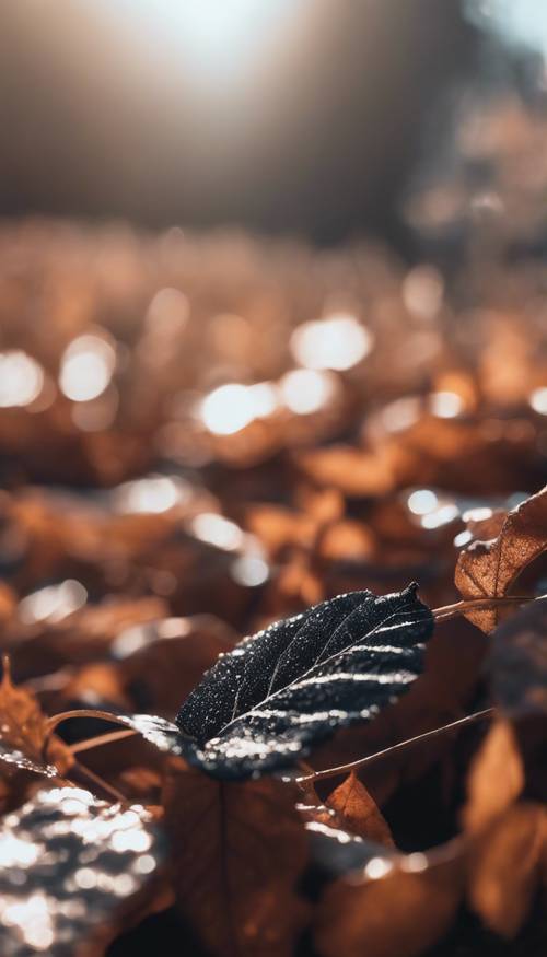 Eine Nahaufnahme eines einsamen schwarzen Blattes an einem frischen Herbsttag, das vom Morgentau glitzert.