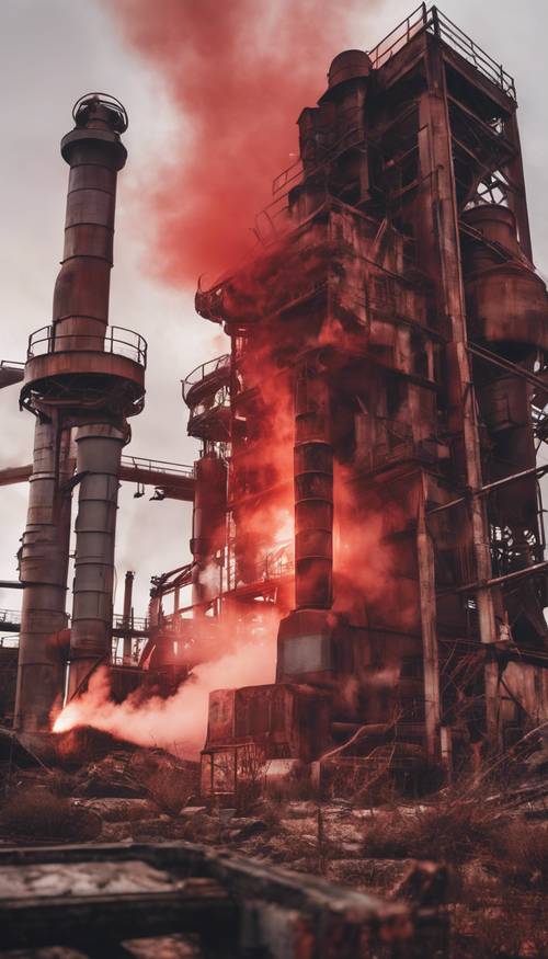 Eine verlassene Fabrik, aus deren Schornsteinen roter Rauch ausstößt.