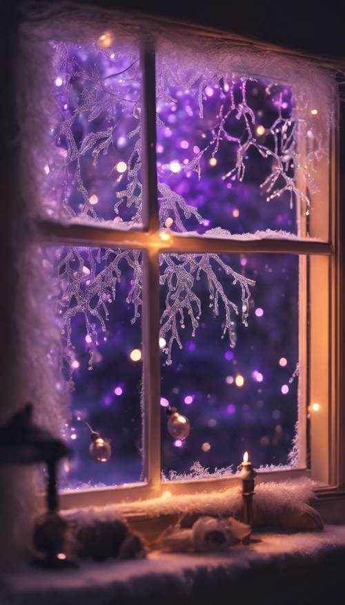 Ventana helada con un suave reflejo de luces navideñas de color violeta, que transmite una sensación de misterio y tranquilidad.