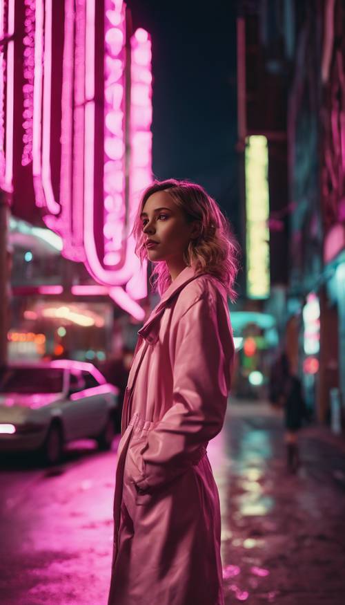 Eine junge Frau steht nachts in einer Stadt vor einem rosa Neonschild.