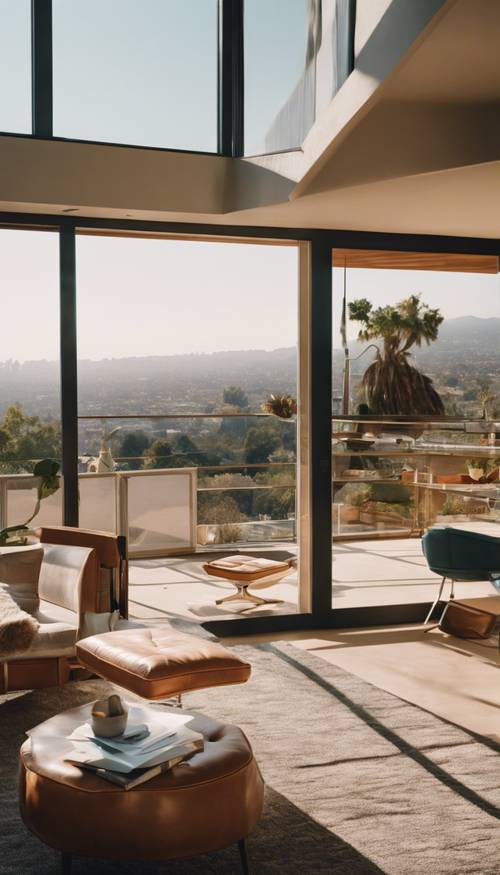 A mid-century modern home with open plan living and stunning views of Los Angeles.