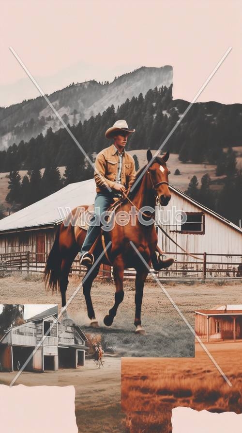 Cowboy Riding a Horse in the Mountains Background Wallpaper[b53f10c31e104fad8666]