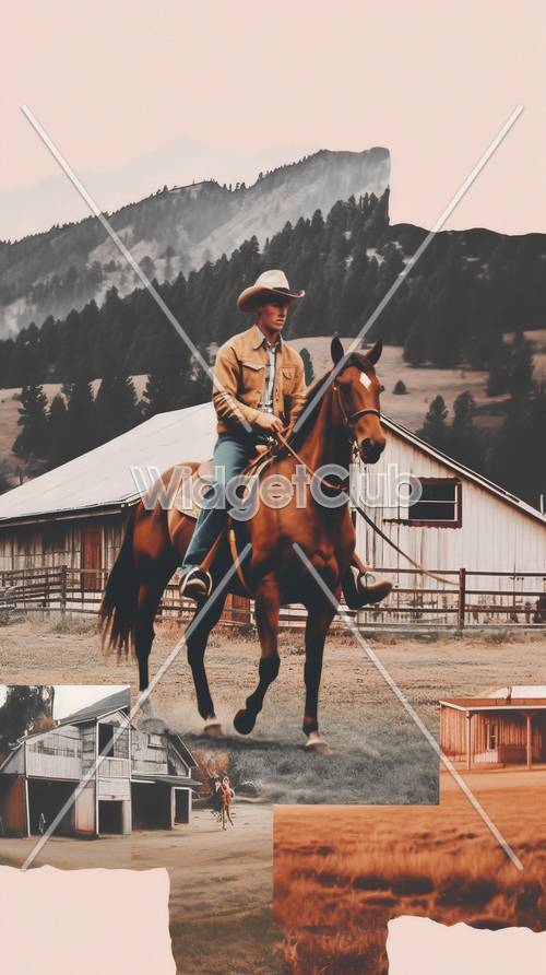 Cowboy a cavallo sullo sfondo delle montagne