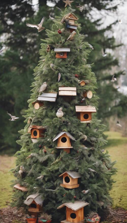 Uma árvore de Natal viva com pássaros fazendo ninhos dentro dela, decorada com casas para pássaros e comedouros.