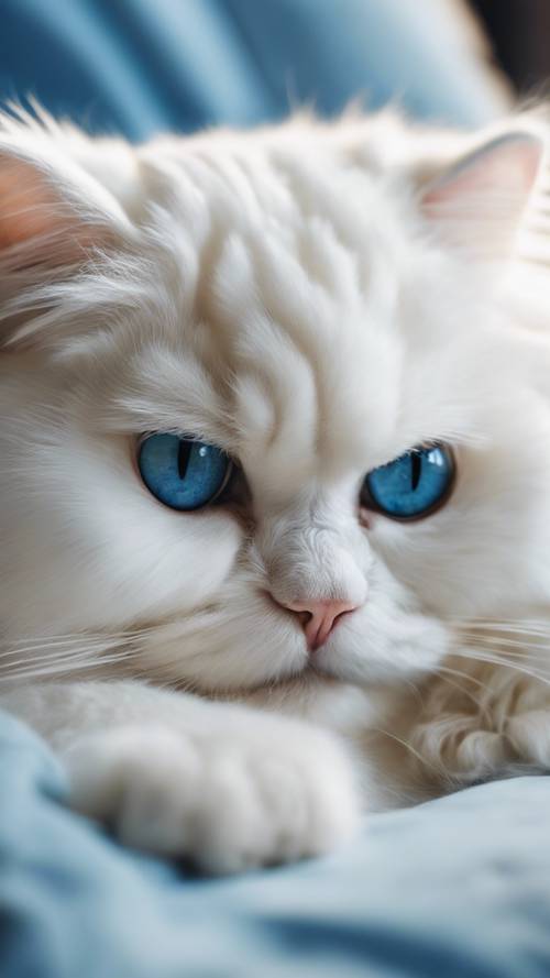 Seekor kucing Persia putih cantik bermata biru, tidur nyenyak di atas bantal empuk berwarna biru.