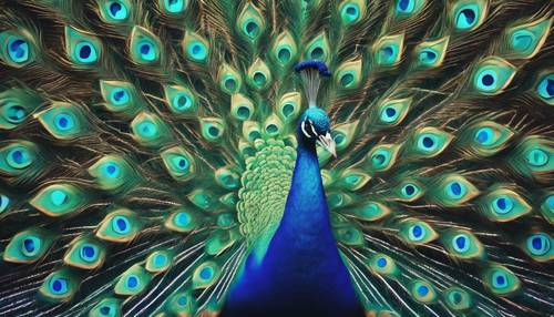 Kaleidoskop bentuk geometris membentuk burung merak abstrak dengan ekor cemerlang dalam rona dominan biru dan hijau.