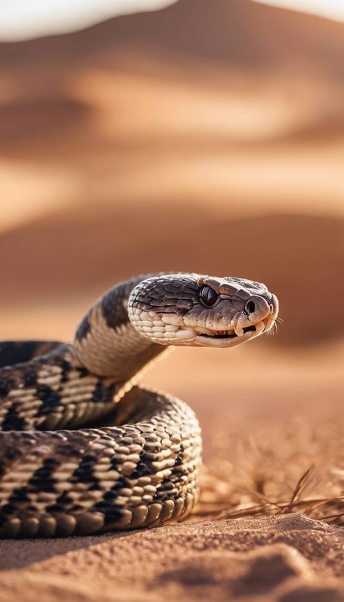 Gambar close-up seekor ular derik yang mendesis dengan latar belakang gurun saat matahari terbenam.