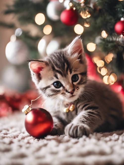 A cute, mischievous kitten playing with a festive, colorful Christmas ornament on a carpet near a decorated tree.