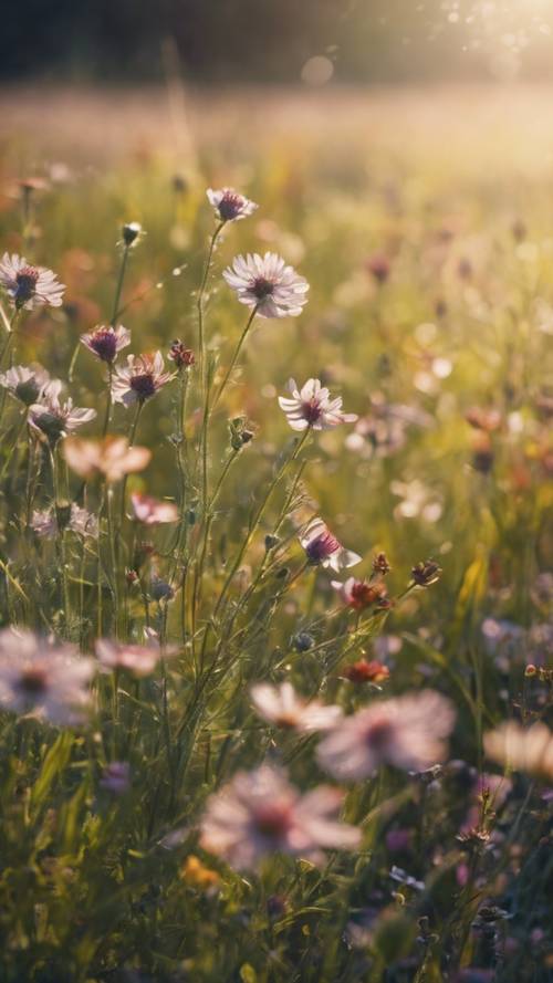 夏の陽ざしの下で満開の野花が咲く草地の壁紙
