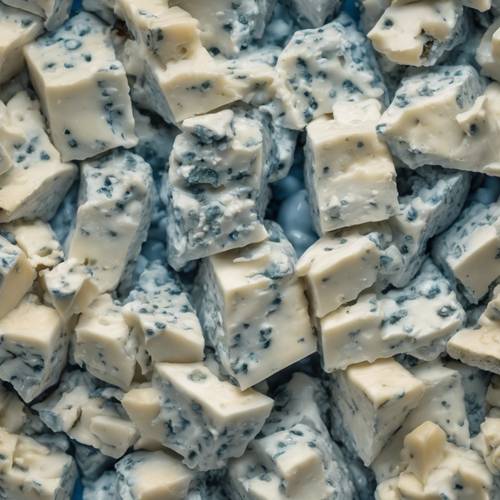 A close shot of the texture of a blue cheese, showcasing its mould and crevices.