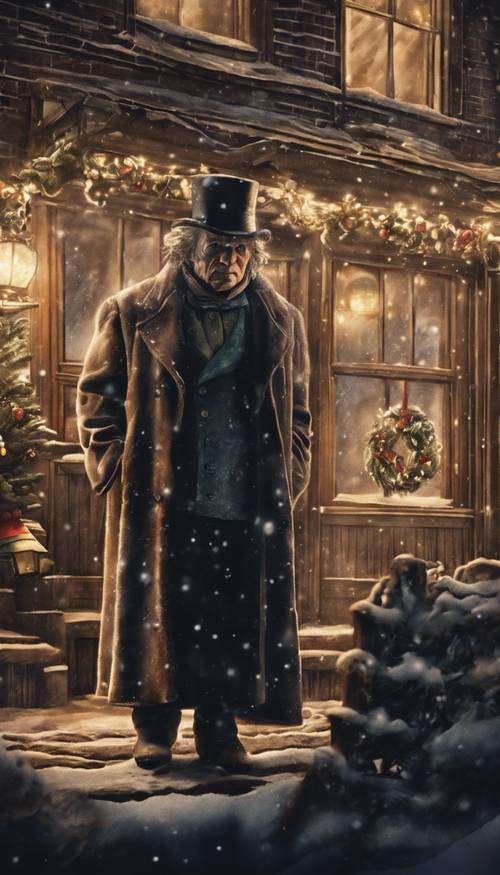 A detailed vintage illustration of Dickens's A Christmas Carol, showcasing Scrooge and the Ghost of Christmas Past.