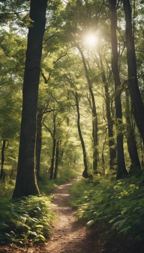 A scenic hiking trail meandering through a dense forest with tall trees and bright sunshine streaming through the leaves. Behang [6b6c4054b3944e15917a]