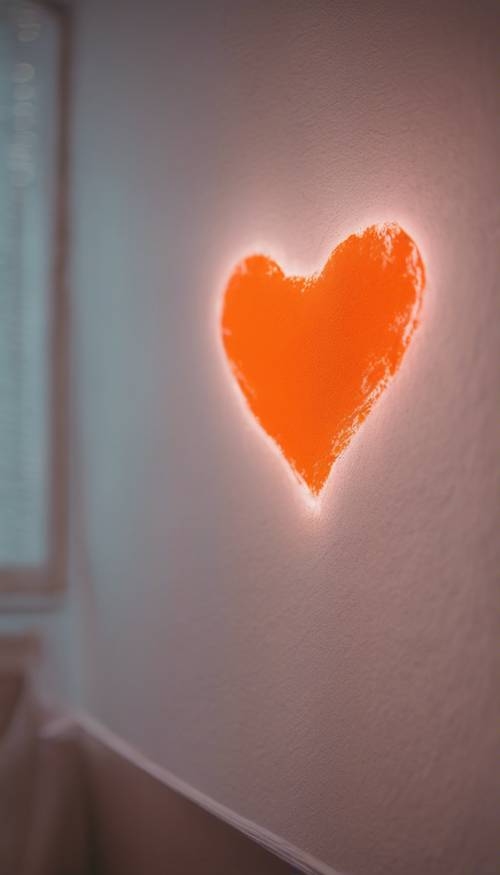 Fluorescencyjne pomarańczowe serce namalowane na ścianie sypialni nastolatka.