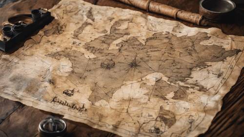 A weathered paper treasure map complete with inked in landmarks, a dotted route, and a bold X for treasure, laid out on an oak table.