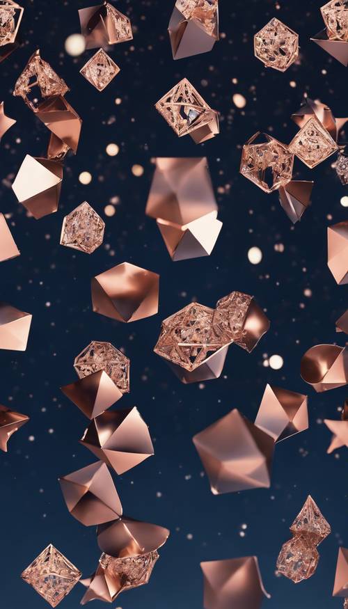 A cluster of rose gold geometric shapes floating against a midnight blue sky. Tapet [42c113ce2c1b4cda8c8e]