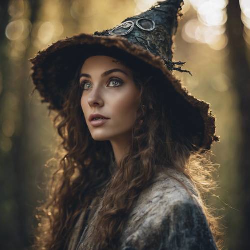 Молодая ведьма с горящими глазами шепчет духам в древнем лесу.