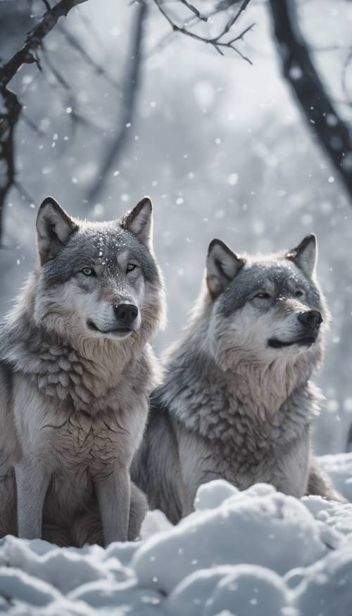 Uma matilha de lobos prateados descansando sob as árvores cobertas de neve, com a respiração embaçada no ar frio.